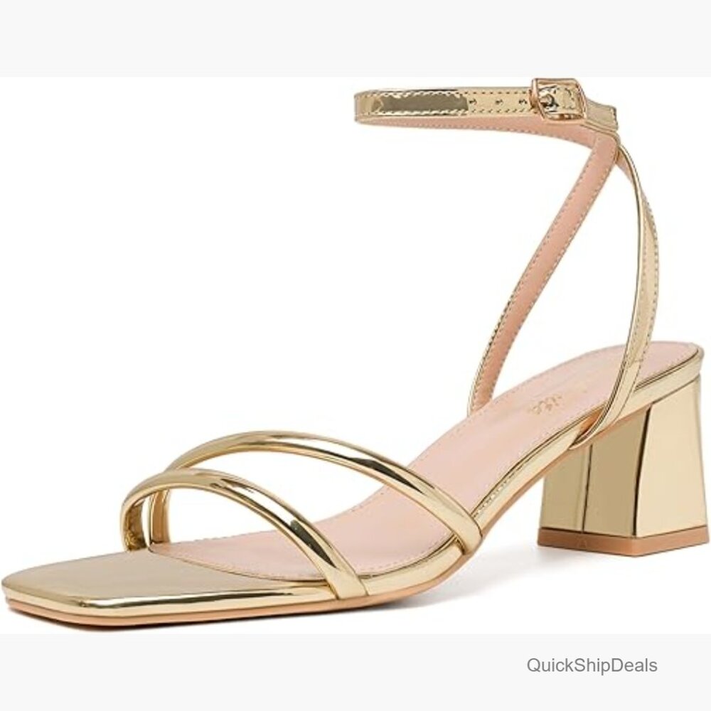 Faux Leather Strappy Heeled Sandals with Square Open Toe and Ankle Buckle